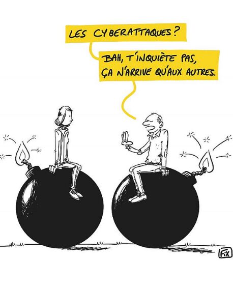 illustration, deux personnes asssises sur une bombe allumée discutent des cyberattaques