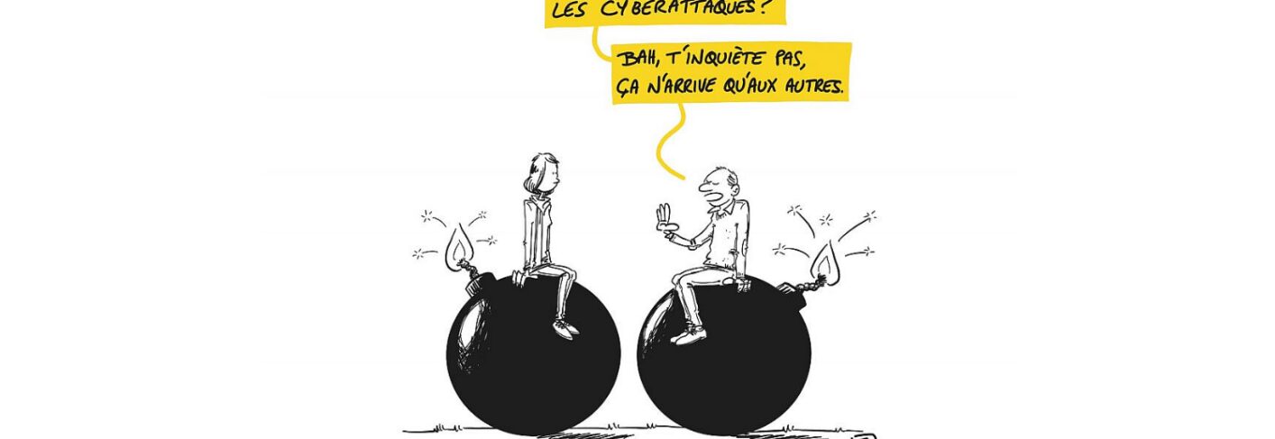 illustration, deux personnes asssises sur une bombe allumée discutent des cyberattaques